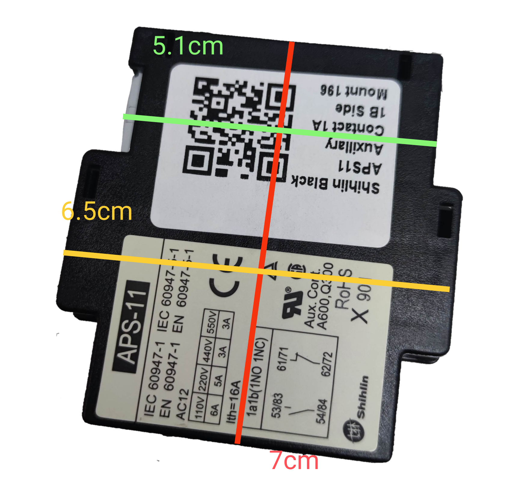 Shihlin Auxiliary Contact 1NO-1NC electrical component with labeled dimensions 7cm by 6.5cm and 5.1cm