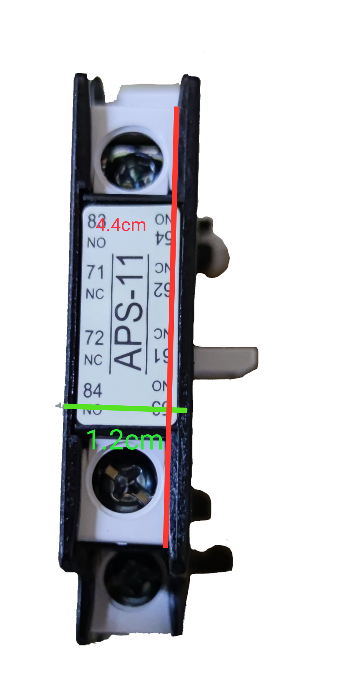 Shihlin Auxiliary Contact 1NO-1NC electrical component with measurement markings on black background