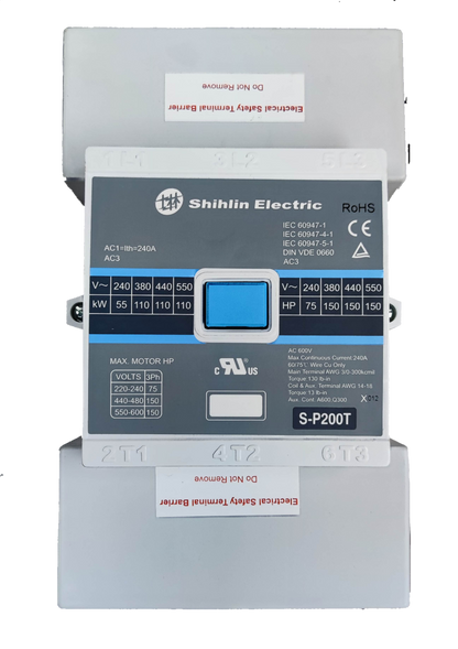 Shihlin Magnetic Contactor 200A 220V industrial power switch with blue button and multiple voltage ratings