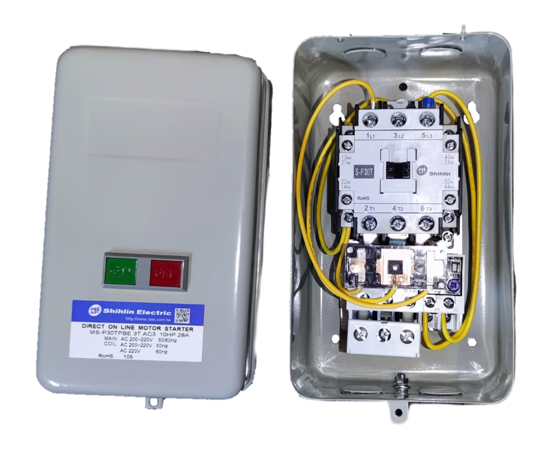 Shihlin Magnetic Starter 28A 10 HP 3 Phase 220V electrical circuitry with control buttons and internal wiring