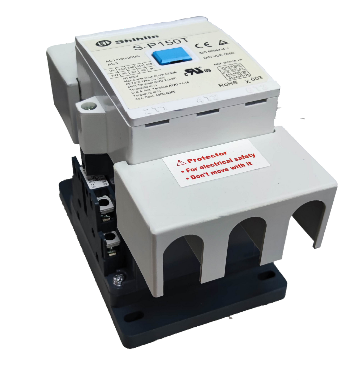 Shihlin magnetic contactor 175A electrical circuitry part with protective cover and blue switch