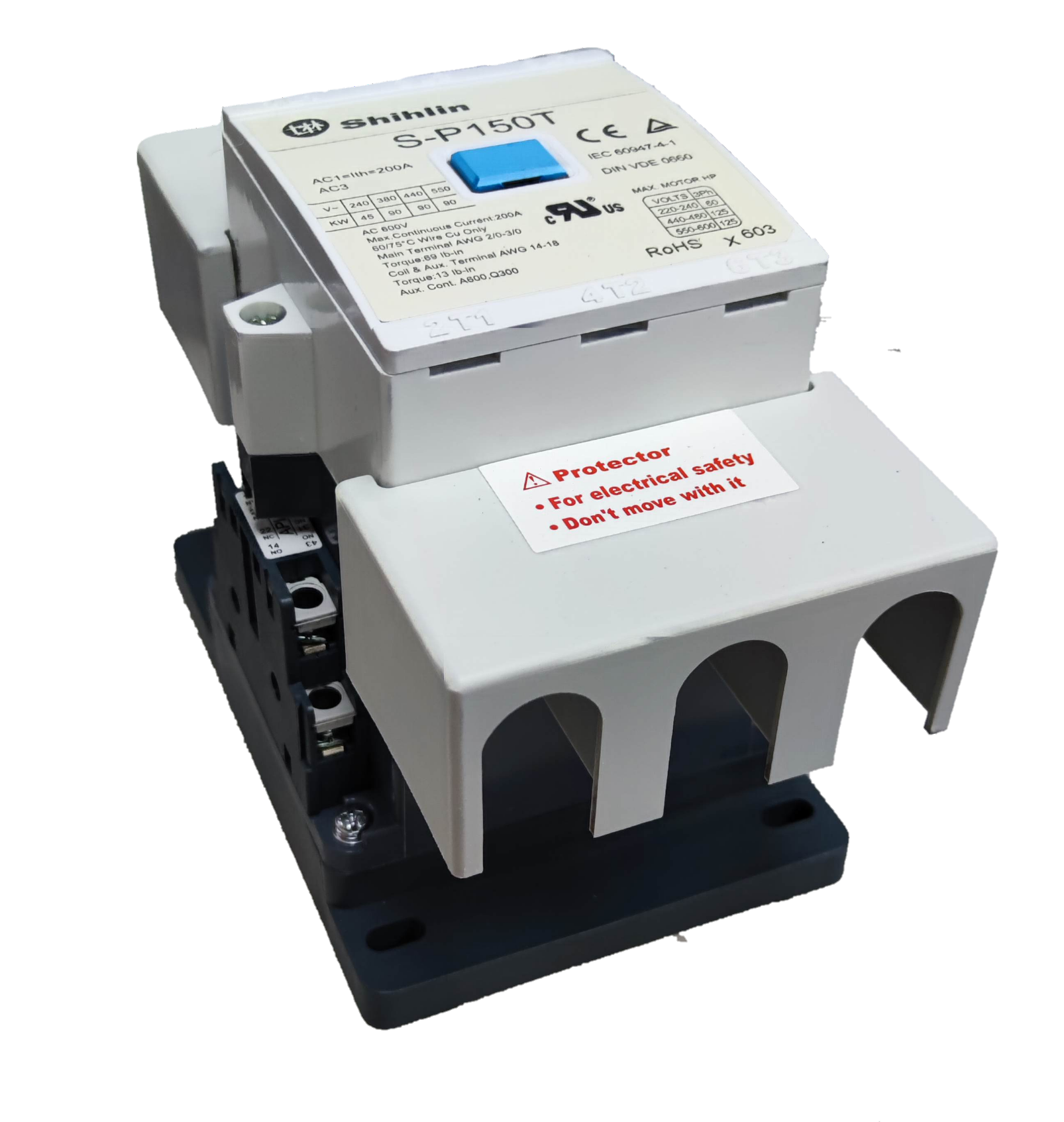 Shihlin magnetic contactor 175A electrical circuitry part with protective cover and blue switch