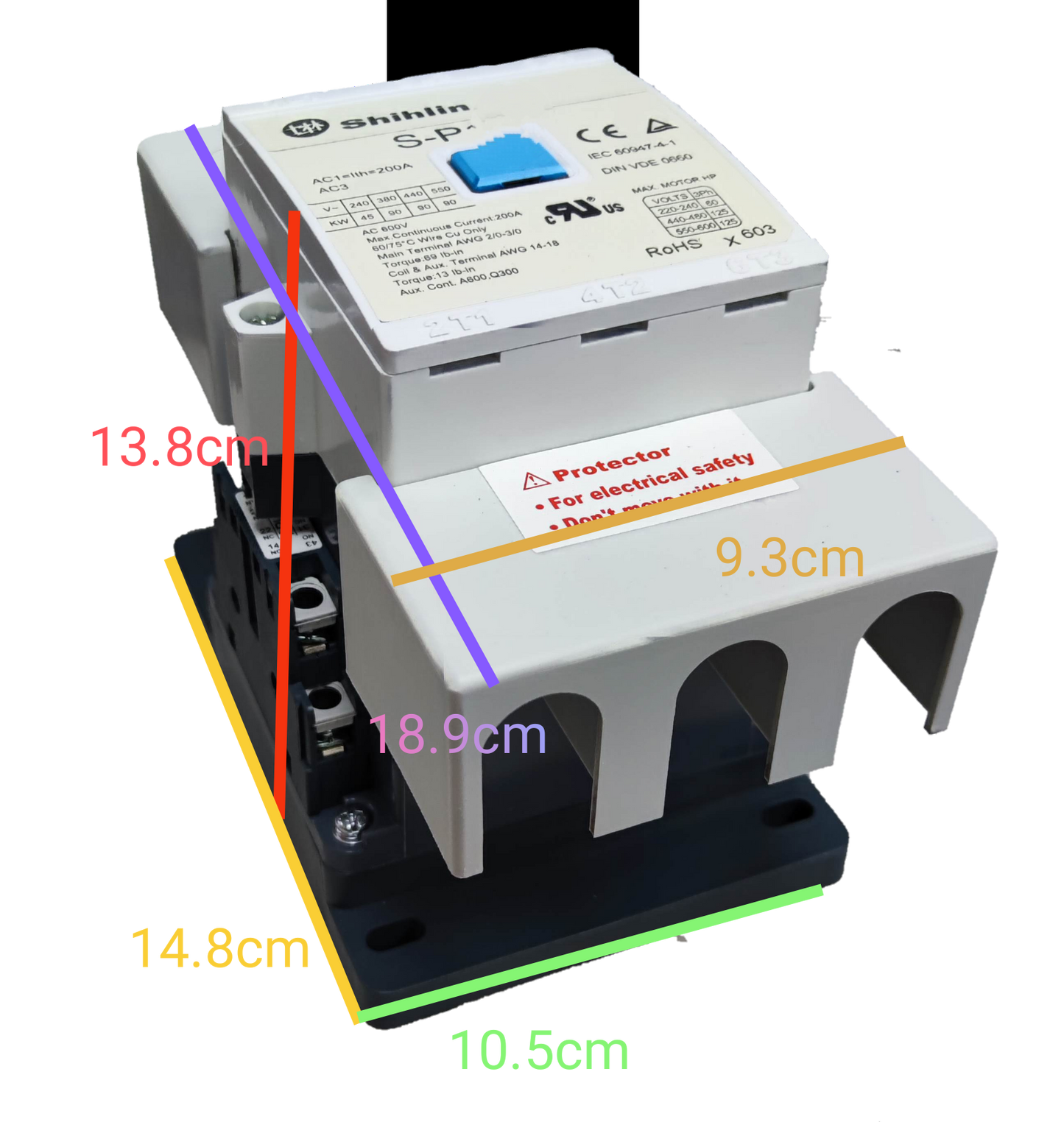 Shihlin magnetic contactor 175A electrical component with labeled dimensions and protective cover