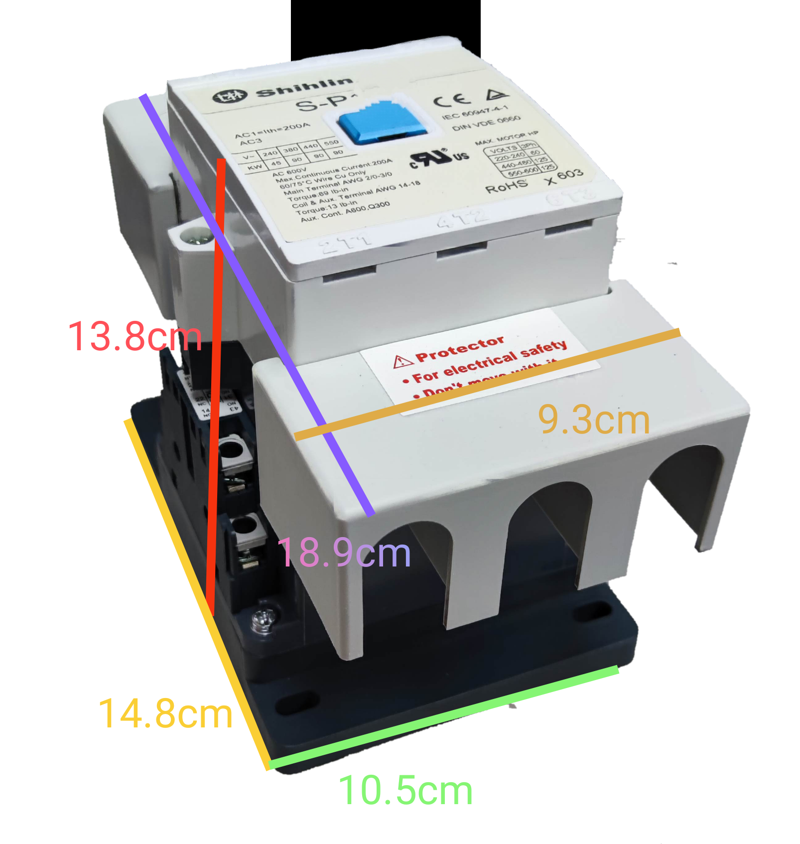 Shihlin magnetic contactor 175A electrical component with labeled dimensions and protective cover