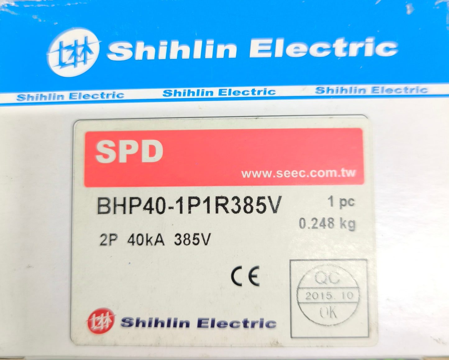 Shihlin Electric Surge Protective Device 385V SPD label showing model BHP40-1P1R385V for power protection