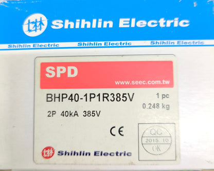 Shihlin Electric Surge Protective Device 385V SPD label showing model BHP40-1P1R385V for power protection