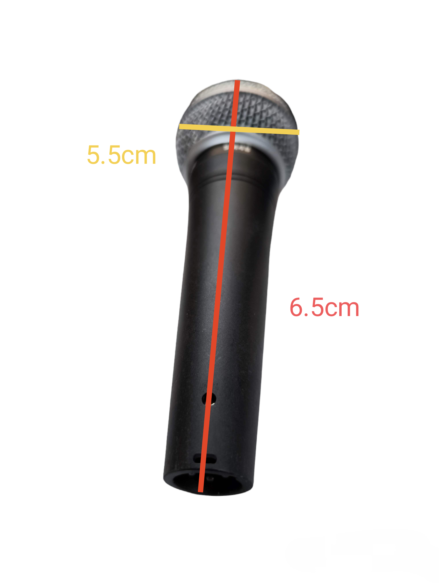 Shure Microphone Condenser black handheld microphone showing dimensions 5.5cm head and 6.5cm body length