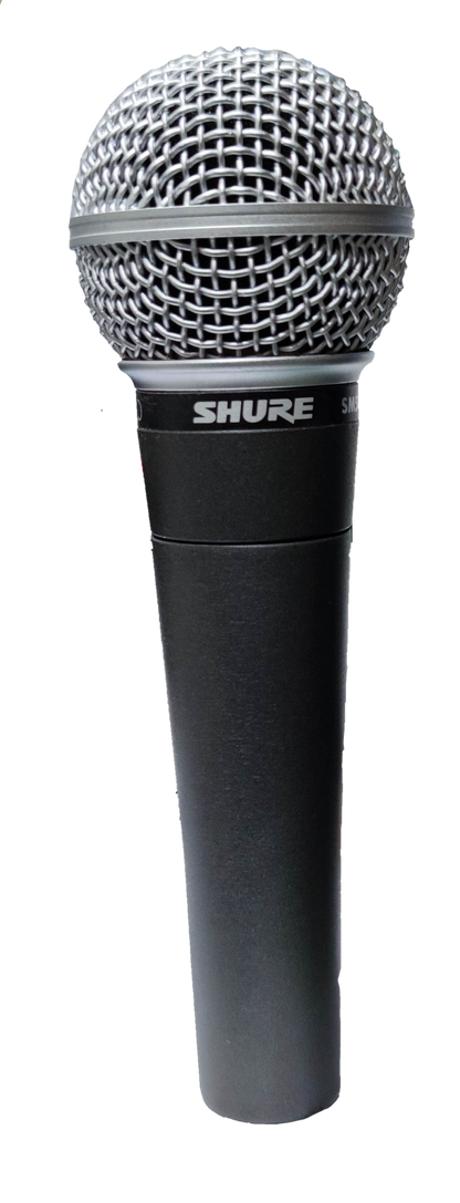 Shure microphone with microphone holder featuring metal grille and black body for clear audio capture