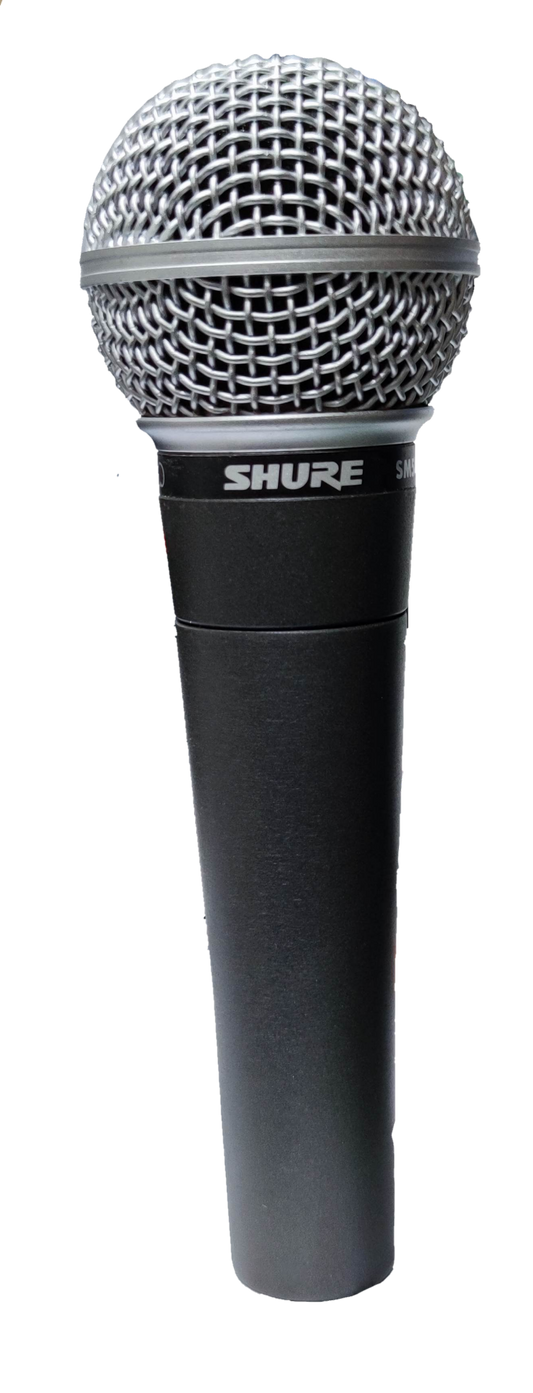 Shure microphone with microphone holder featuring metal grille and black body for clear audio capture