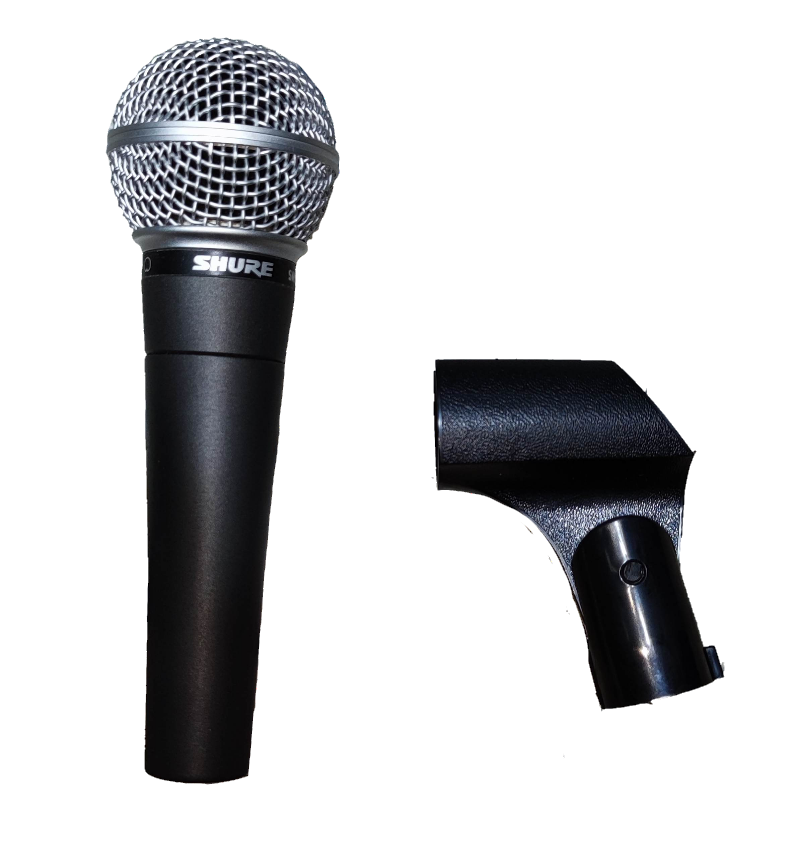Himel microphone with microphone holder featuring a black handle and silver mesh grille on black background