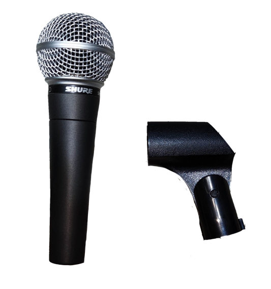 Himel microphone with microphone holder featuring a black handle and silver mesh grille on black background