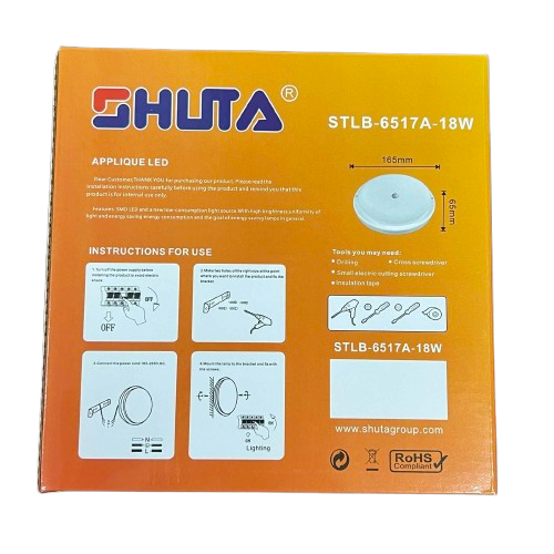 Shuta 18W Motion Sensor LED Light Round packaging with installation instructions and product dimensions