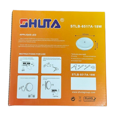 Shuta 18W Motion Sensor LED Light Round packaging with installation instructions and product dimensions