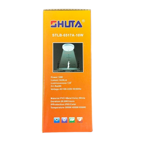 Shuta 18W Motion Sensor LED Light Round packaging showing product features and specifications