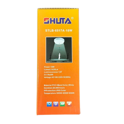 Shuta 18W Motion Sensor LED Light Round packaging showing product features and specifications