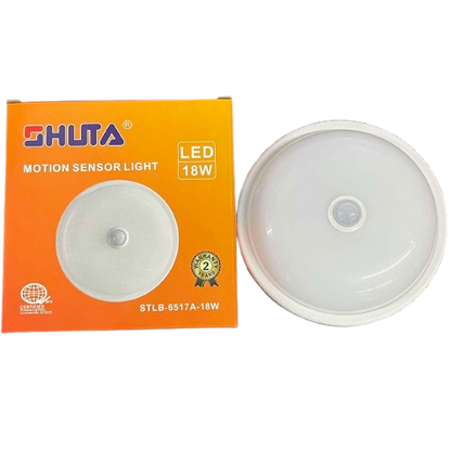 Shuta 18W Motion Sensor LED Light Round with white casing and sensor on orange packaging box