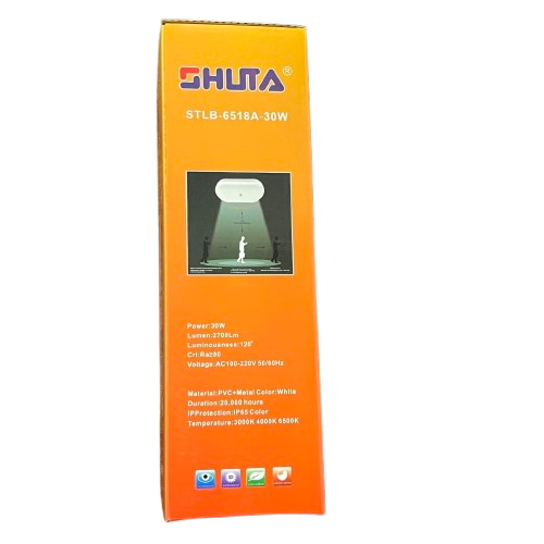 Shuta 30W MOTION SENSOR LED LIGHT OVAL packaging box with product specifications on orange background