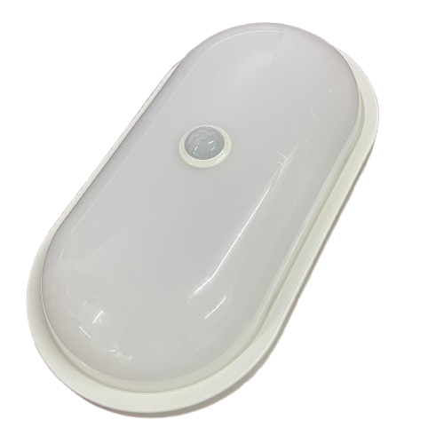Shuta 30W MOTION SENSOR LED LIGHT OVAL white fixture with central motion sensor on black background