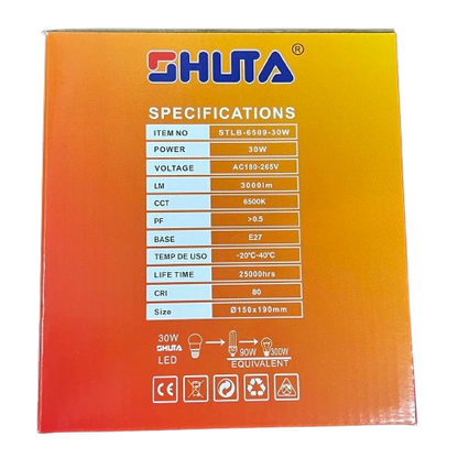 Shuta Globe LED Bulb E27 30W 180-265V packaging showing specifications and features