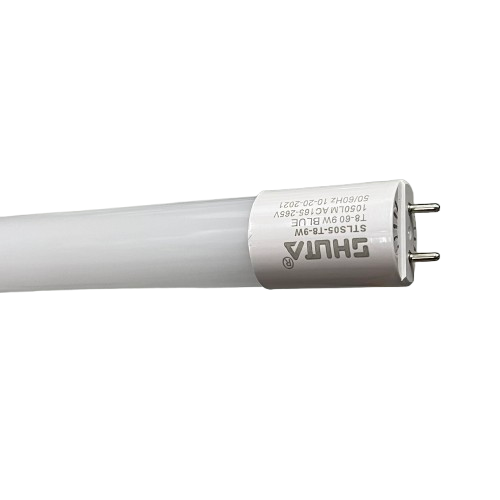 Shuta T8 LED Tube Light 9W Double Ended with white casing and metal pins on black background