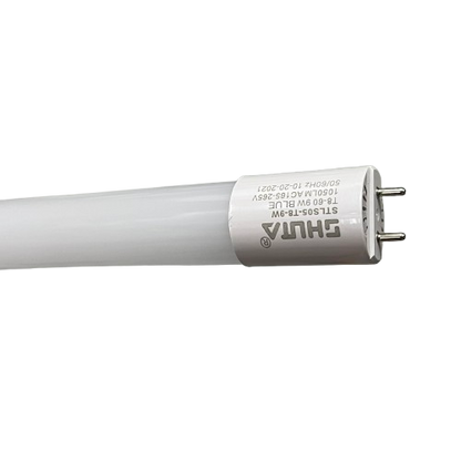 Shuta T8 LED Tube Light 9W Double Ended with white casing and metal pins on black background