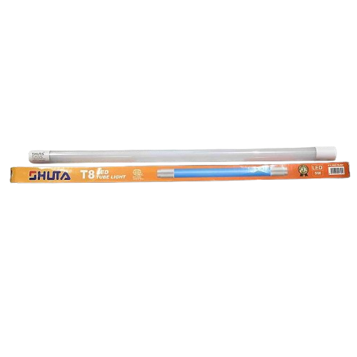 Shuta T8 LED Tube Light 9W Double Ended with packaging on black background