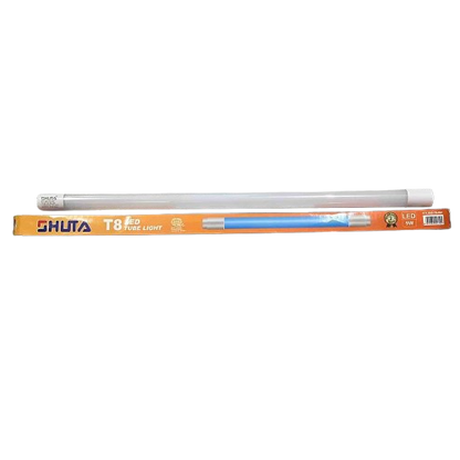 Shuta T8 LED Tube Light 9W Double Ended with packaging on black background