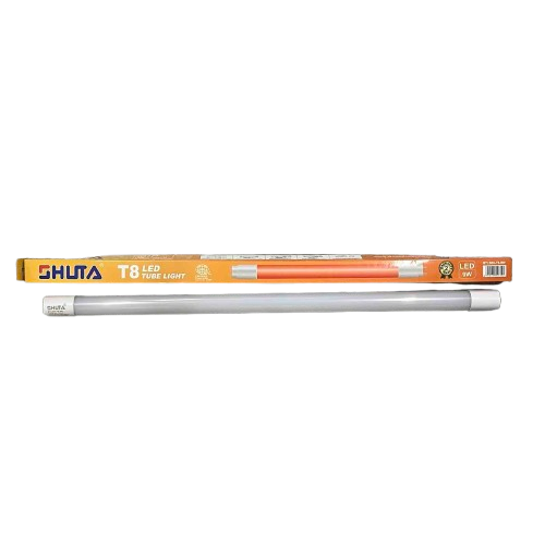 Shuta T8 LED Tube Light 9W with slim white design and orange packaging box for energy-efficient lighting