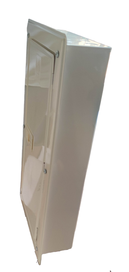 Electx Electrical Supply white miniature circuit breaker panel with protective cover in angled view