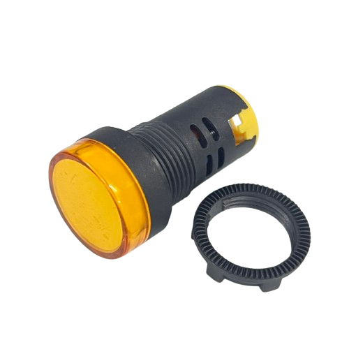 Denko Pilot light 220v YELLOW 22mm indicator lamp with black plastic housing and mounting ring
