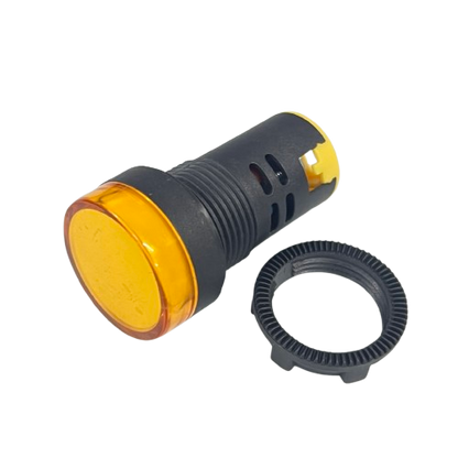 Denko Pilot light 220v YELLOW 22mm indicator lamp with black plastic housing and mounting ring