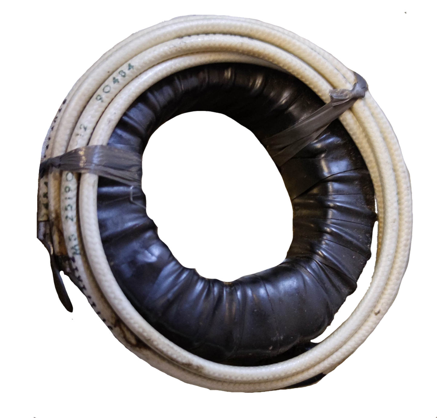 Simpson Single Core Current Transformer coiled with black insulation and white outer wiring for door chimes and bells
