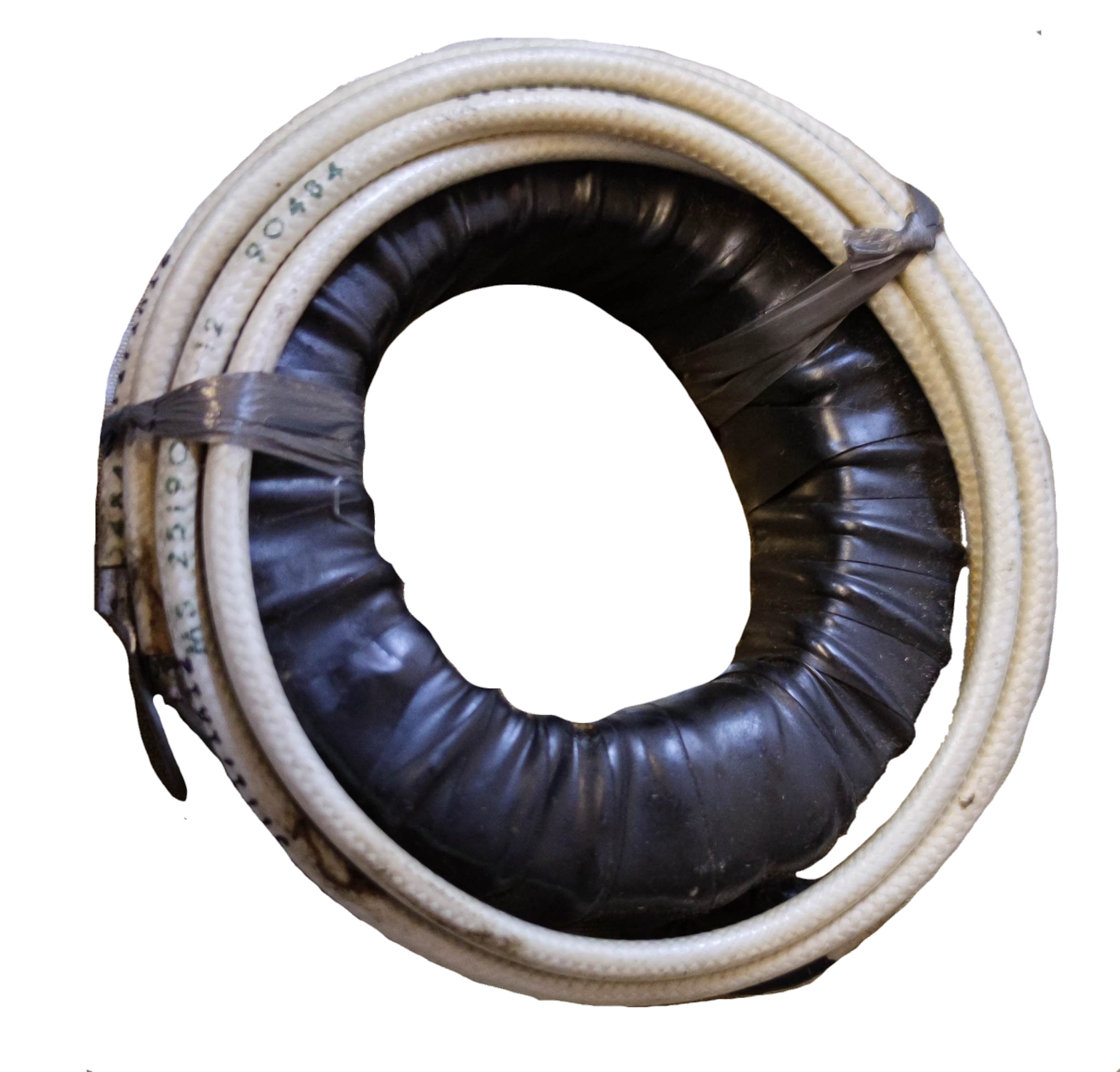 Simpson Single Core Current Transformer coiled with black insulation and white outer wiring for door chimes and bells