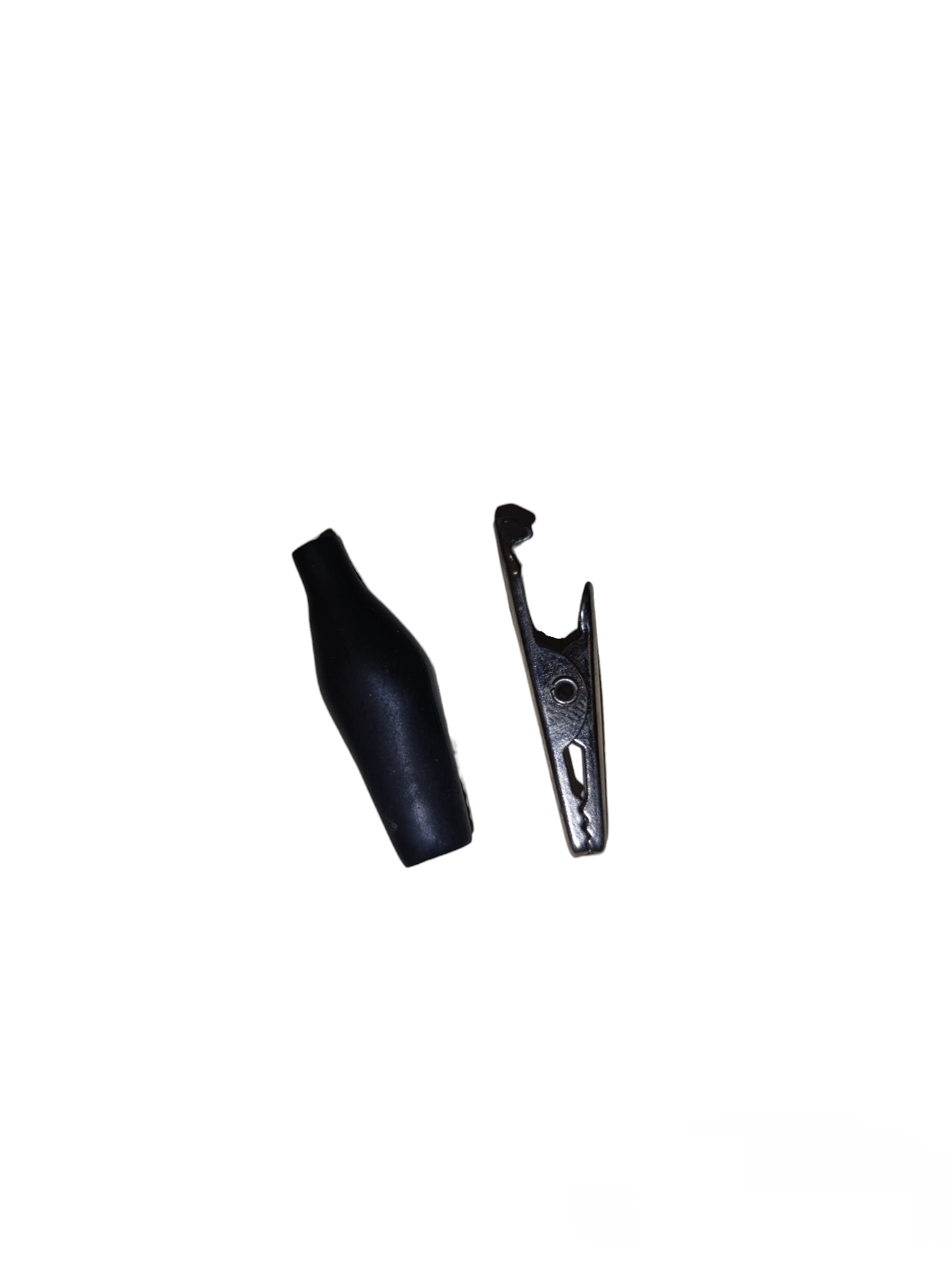 Black small alligator clip with protective cover for electrical circuitry and parts