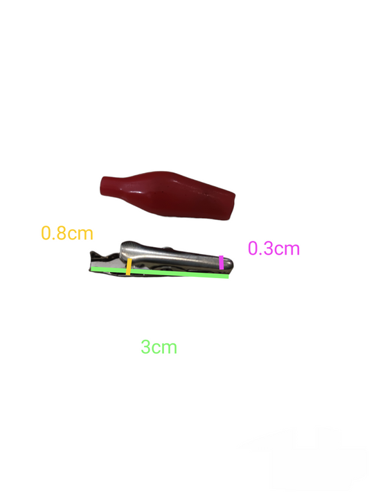 Small alligator clip with red insulating cover measuring 3 cm in length for electrical circuitry