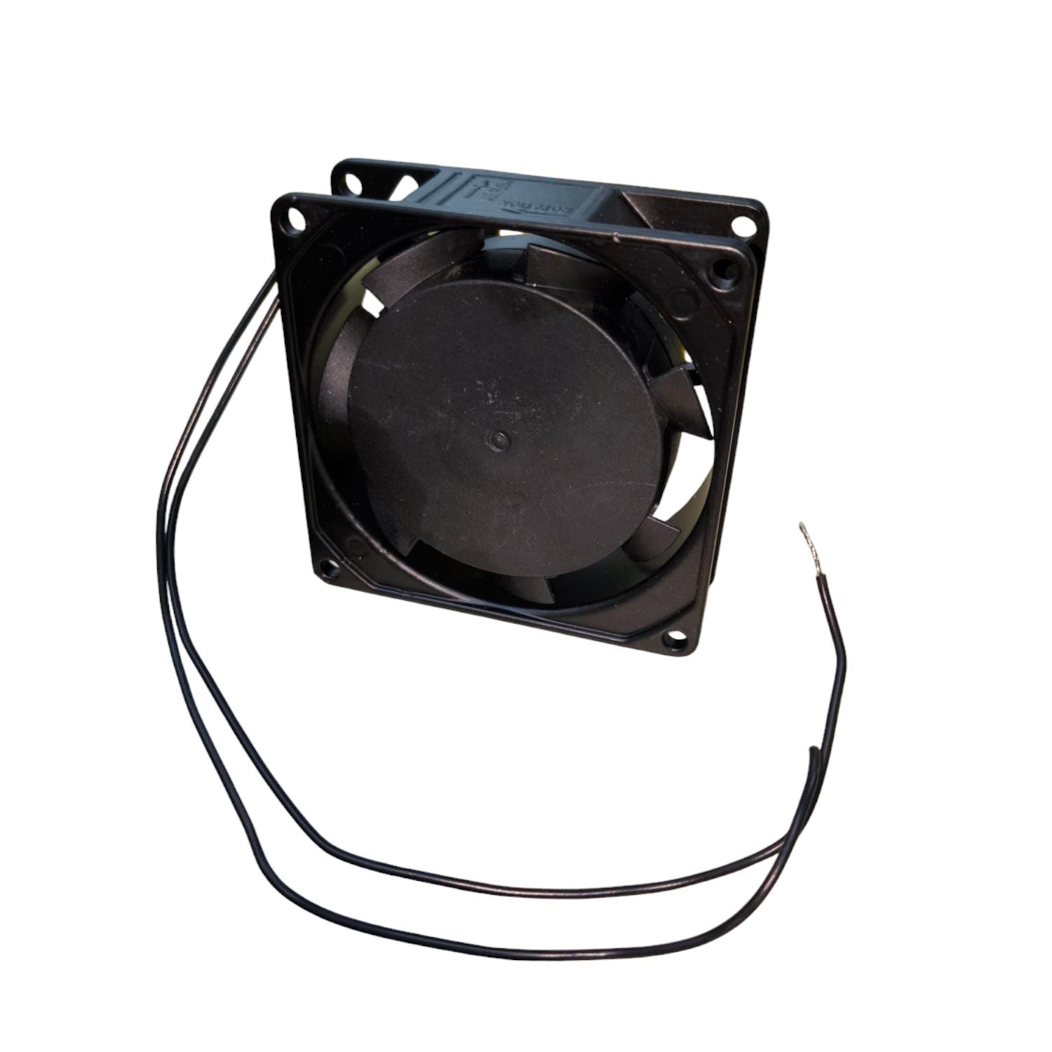 Black small box fan 220V exhaust fan from China with mounting holes and attached wires