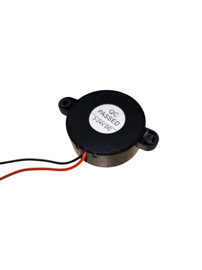 Small Buzzer 4mm 3V-24V DC black round electronic door chime component with red and black wires