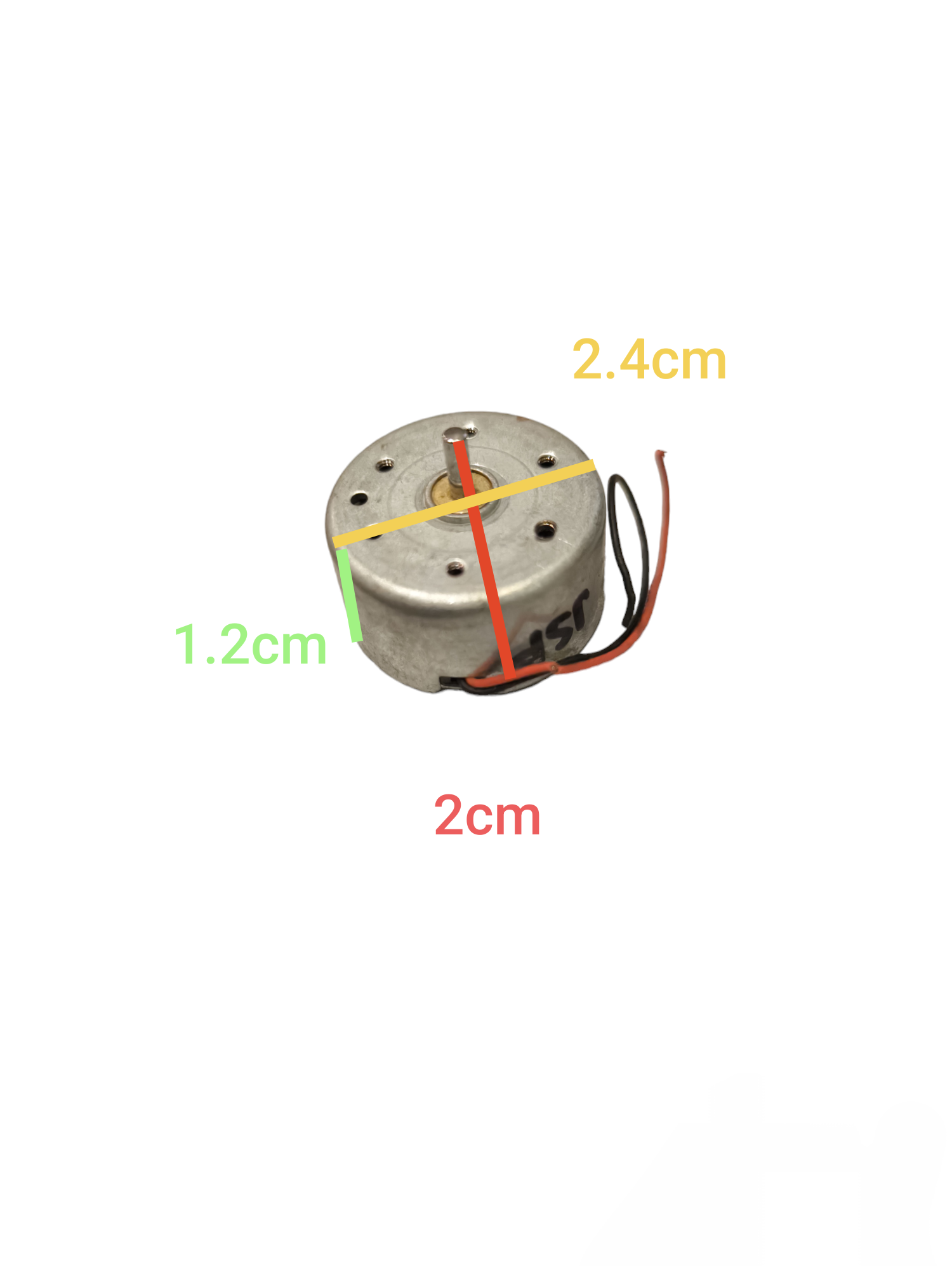 Small Motor 12V DC from China with metal casing and attached power wires showing dimensions