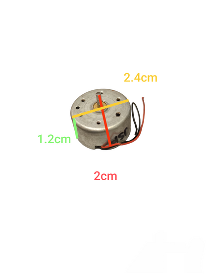 Small Motor 12V DC from China with metal casing and attached power wires showing dimensions