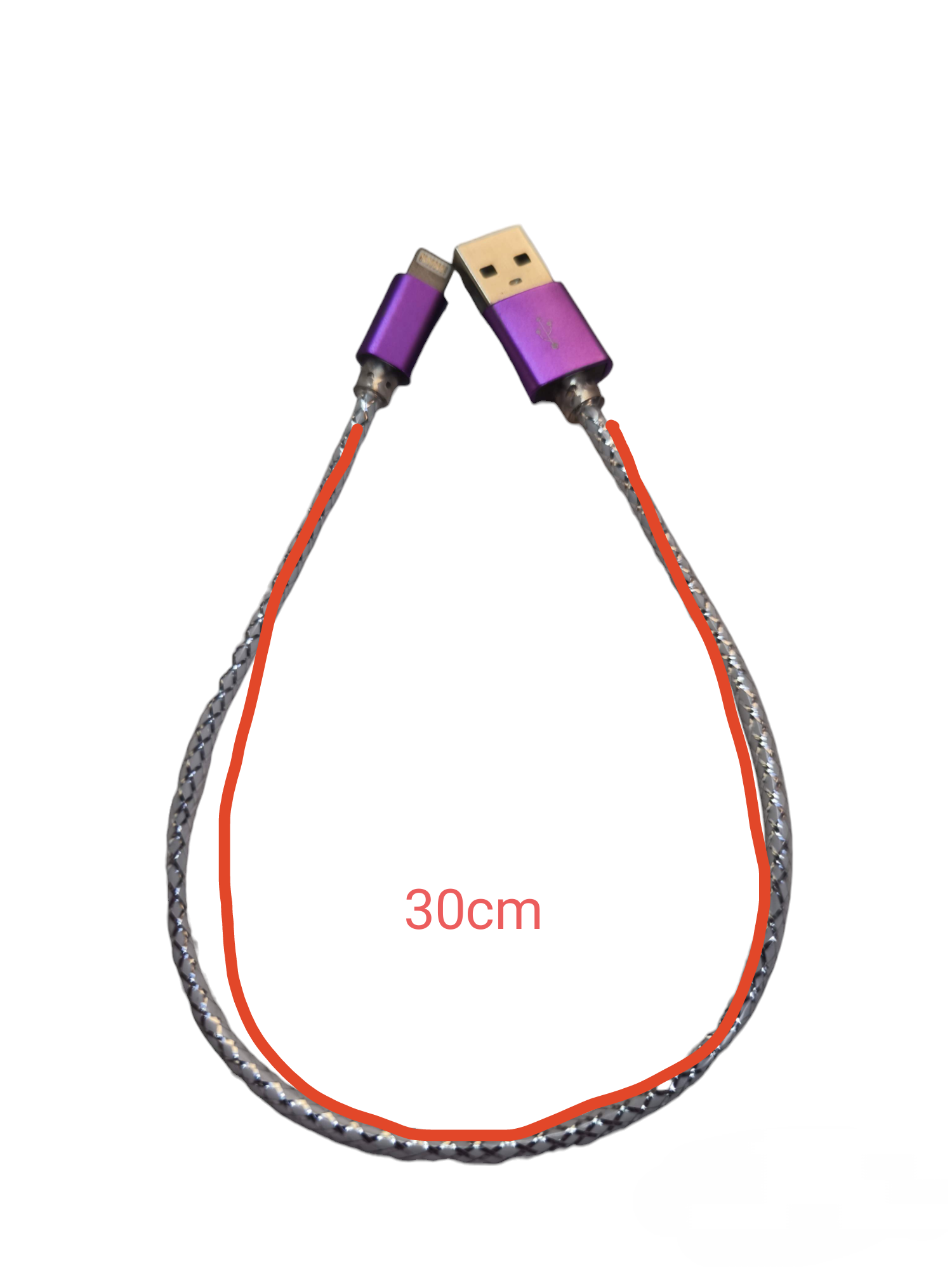 30cm Smart Phone Charging Cord with purple USB and lightning connectors and braided cable