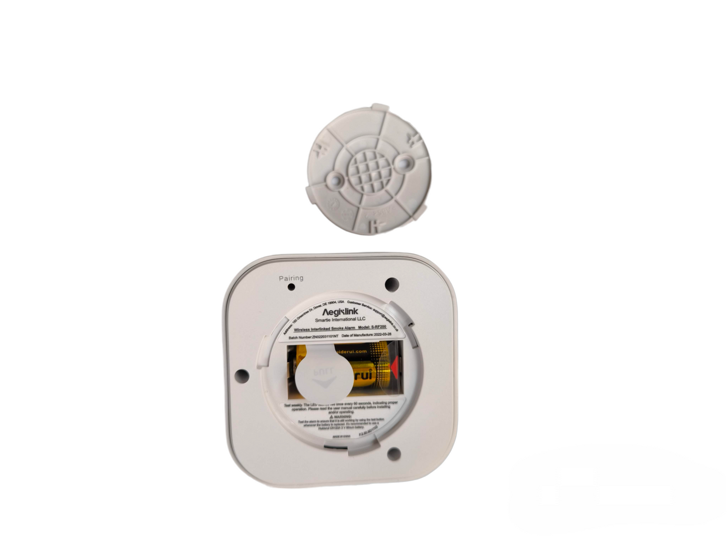 Aegislink wireless interlinked smoke alarm device showing the front and back components for home security
