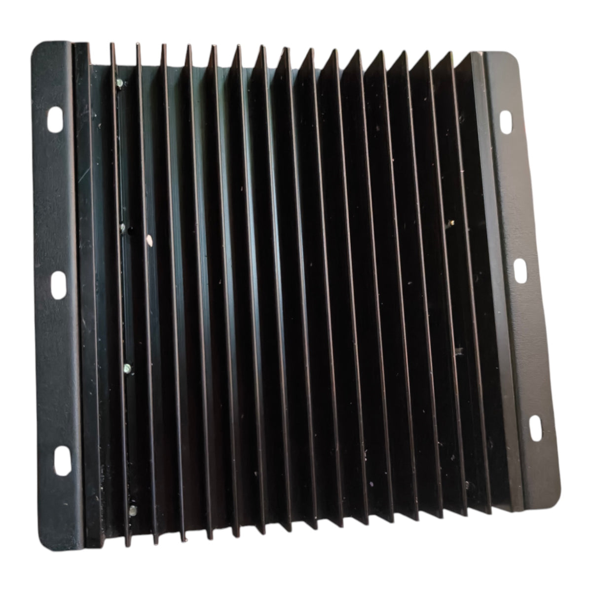 A black metal heat sink with vertical cooling fins and mounting tabs on the left and right sides, shown against a plain white background.