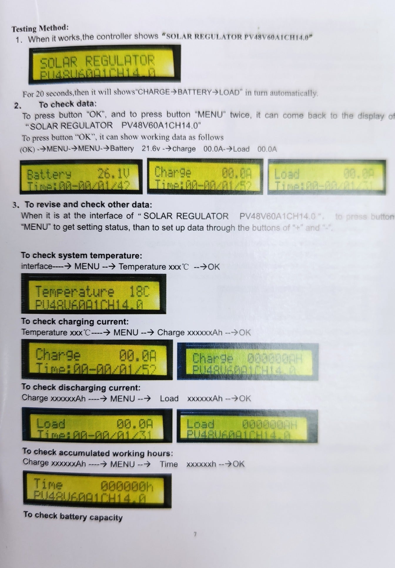ZwitseRise Solar Charge Controller PWM showing detailed testing instructions and display screen data