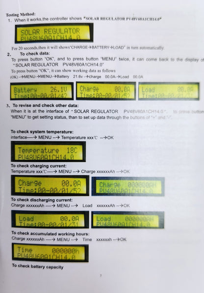 ZwitseRise Solar Charge Controller PWM showing detailed testing instructions and display screen data