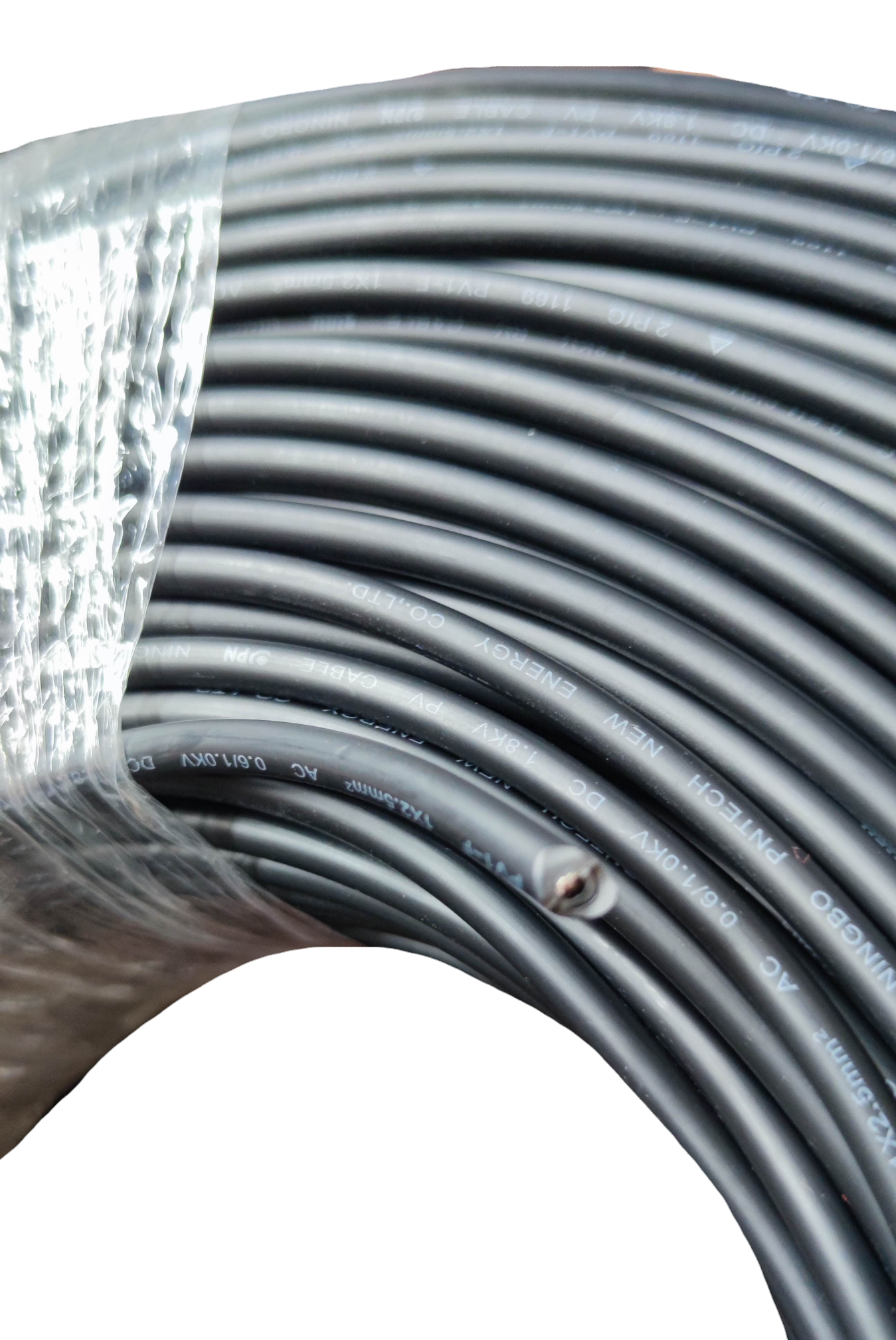 Denko solar power wiring supplies featuring a coil of durable black electrical cable for efficient energy transfer