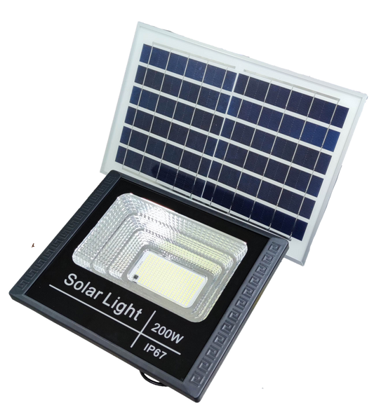 200W solar flood light with solar panel and IP67 waterproof rating for outdoor lighting