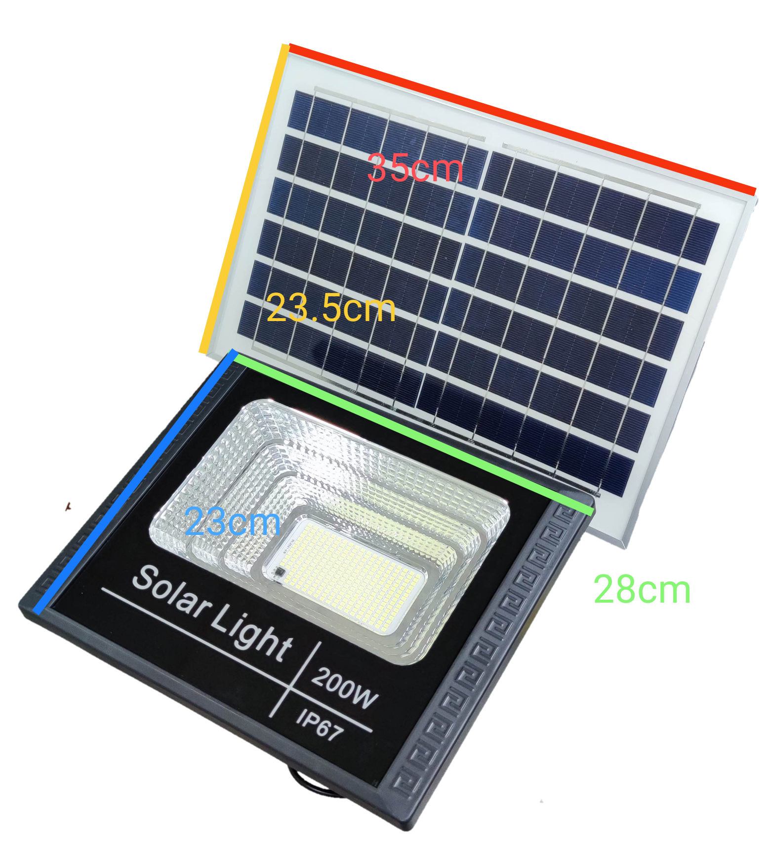200W solar flood light with black frame and separate solar panel measuring 35 by 23.5 centimeters