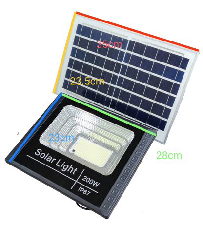 200W solar flood light with black frame and separate solar panel measuring 35 by 23.5 centimeters