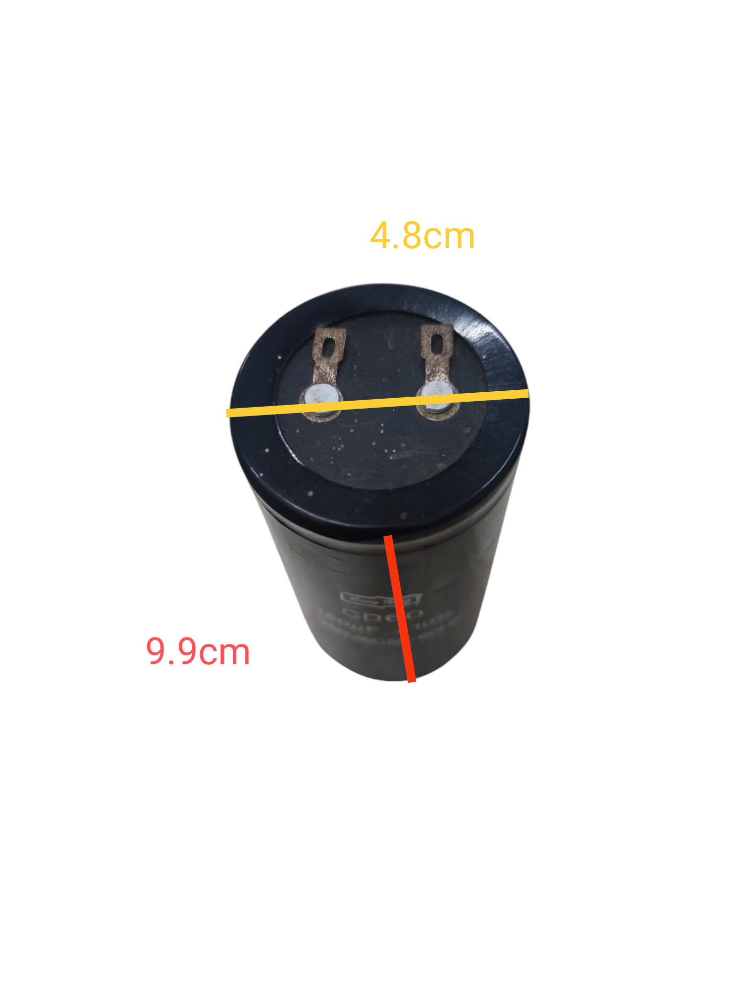 CBB 150uF 250V running capacitor with black cylindrical body and metal terminals on top