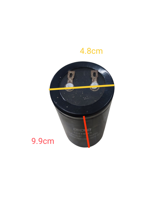 CBB 150uF 250V running capacitor with black cylindrical body and metal terminals on top